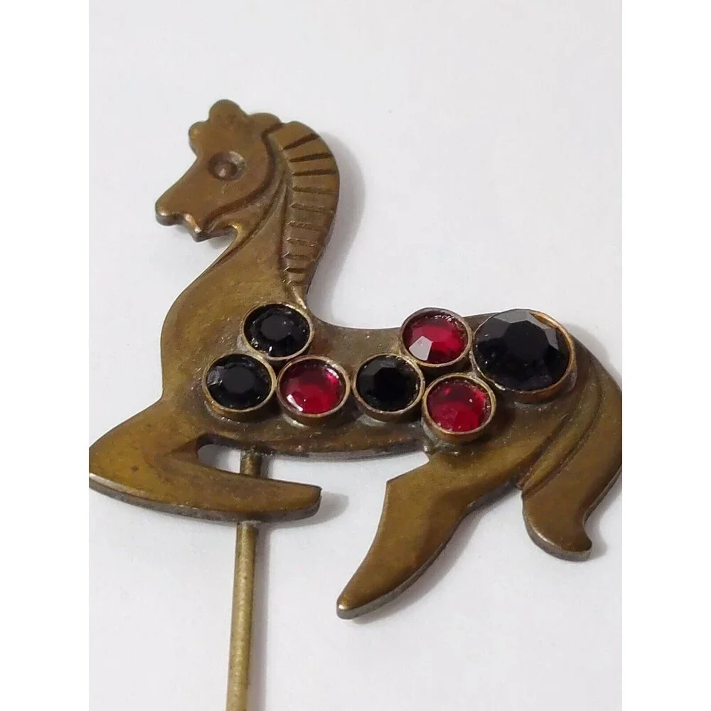 Brass Horse Red And Black Rhinestone Vintage Stick Pin